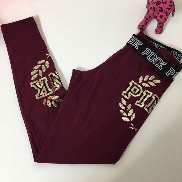 NEW PINK VS BLING LOGOS FLAT LEGGING MAROON - Picture 3 of 6